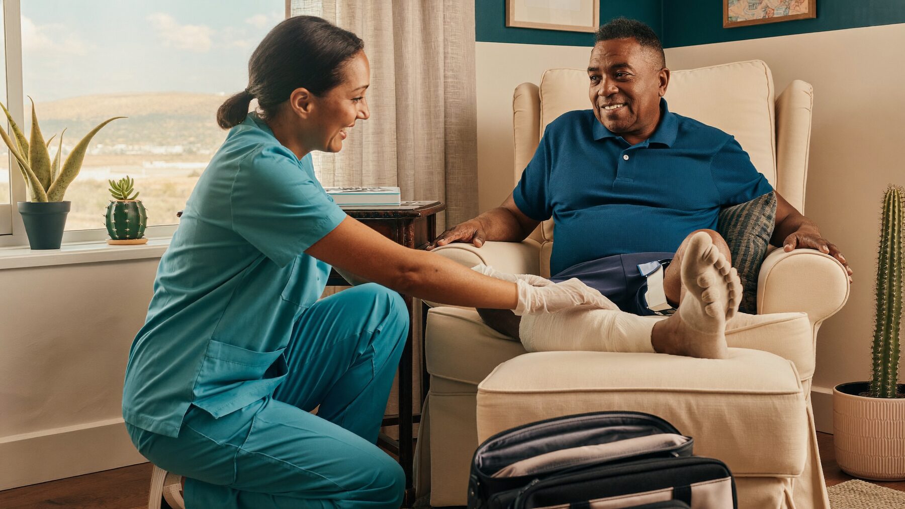 Wound care nurse practitioner checking a compression bandage on a patient's lower leg at home.