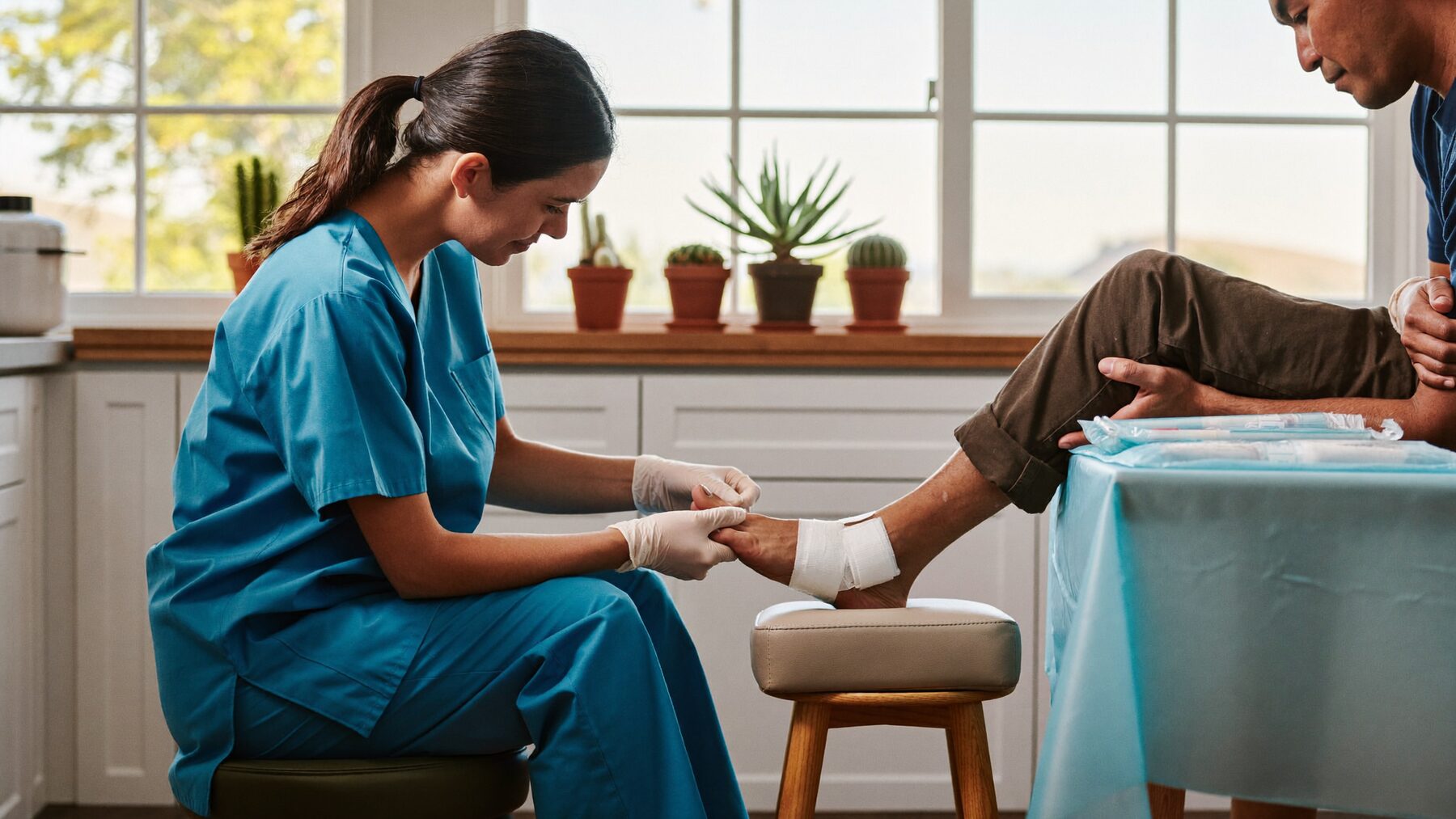 Nurse practitioner reviewing wound care instructions with a patient.
